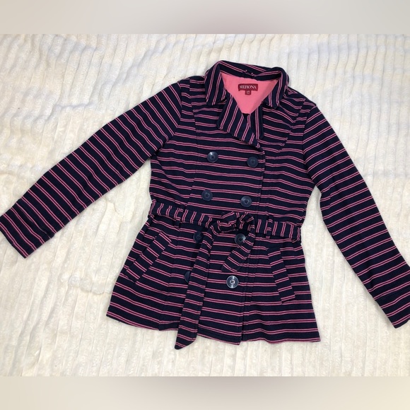 Merona EUC Navy & Pink Striped Double Breasted Knit Jacket w/Tie Belt Large - Picture 5 of 14